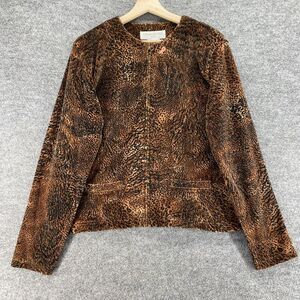 Jones New York Jacket Women L Large Brown Animal Print Full Zip Long Sleeve